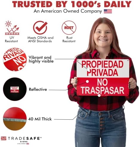 TRADESAFE Private Property No Trespassing Sign - Propiedad Privada No Traspasar Spanish Sign, Quick Install, Light Reflective, UV-Resistant, Waterproof, 14” X 10” Aluminum Safety Signs
