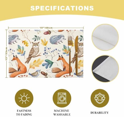 Fall Placemats Set of 4, Autumn Animal Place Mats Owl Bird Fox Leaves Tablemats Harvest Thanksgiving Placemat Table Decoration for Kitchen Table Holiday Dinner Party Autumn Home Decor