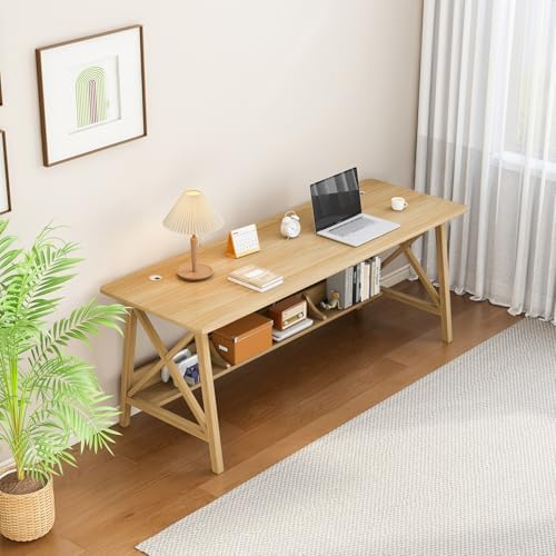 NELYE Extra Long Writing Desk with Bookshelf, 63" Wx24 Dx30 H, Oak
