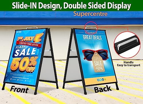 A Frame Sidewalk Sign 24 x 36 Inch Outdoor, Double-Sided Folding Sandwich Board with Handle, Heavy Duty Metal Slide-in A-Frame for Business, Advertising, Party, with 2 Plastic Boards