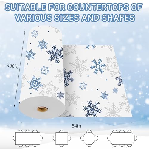 CXPSINC 54 Inch X 300 Feet Plastic Table Cover Roll Disposable Tablecloth with Slide Cutter for All Type/Shape Tables | Party, Banquet, Birthdays, Weddings(Christmas Blue Snowflake, 300 Feet)