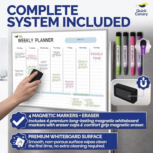 Large Magnetic Weekly Planner for Fridge, Dry Erase Whiteboard Magnet | 17x12" Stain-Resistant Surface, Strong Full-Back Magnet, 7-Day Weekly Planner for Meals & Chores, 4 Markers & Eraser