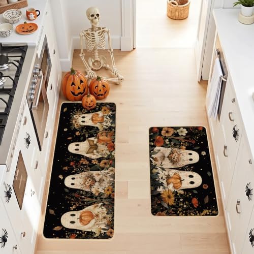 Baccessor Halloween Ghost Kitchen Rugs Set of 2,Spooky Pumpkin Fall Floral Black Mat Rug Indoor Outdoor Low-Profile Non Slip Absorbent Floor Mats for Home Party Holiday Decor 17x29 and 17x47 Inch