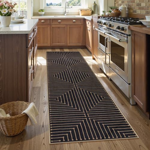Lahome Black 2x8 Kitchen Runner, Modern Geometric Runner Rug Non Slip