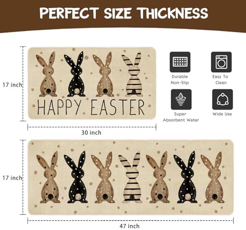 Happy Easter Kitchen Rugs and Mats Set of 2,Spring Rabbit Bunnies Polka Dots Farmhouse Non Slip Washable Floor Sink Mats Decorations for Home Kitchen 18"x48"+18"x30"