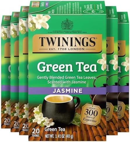 Twinings Green Tea with Jasmine, Caffeinated, Tea Bags, 20 CT Box (6 Pack)