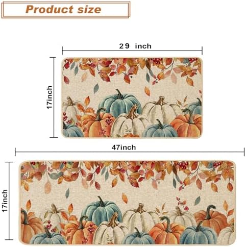 Baccessor Fall Kitchen Rugs Set of 2, Blue Pumpkin Leaves Kitchen Mats for Floor Washable Low-Profile Farmhouse Autumn Holiday Home Indoor Outdoor Decor 17x29 and 17x47 Inch