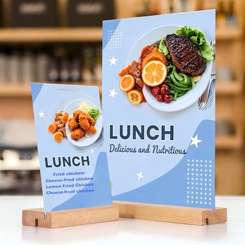 TONICE 5x7 Acrylic Sign Holder with Wood Base 3 Pack L/T Shape Vertical or Slant Back Display for Wedding, Restaurant, Store, Office, Hotel