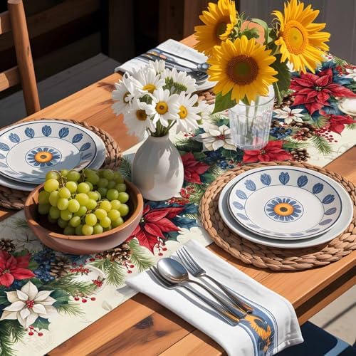 Christmas Poinsettia Table Runner Dresser Scarf 13 x 108 Inch Red Flower Holly Berries Xmas Ball Beige Table Runners Non-Slip Heat Resistant Kitchen Dining Table Decor for Home Holidays Indoor Outdoor