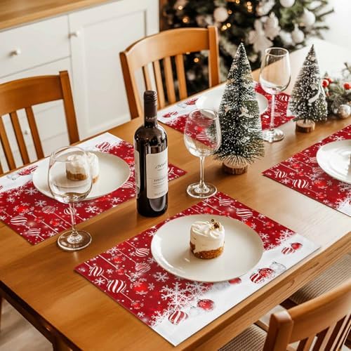 Christmas Placemats Set of 6, Snowman Heat Resistant Washable Dining Table Mats Xmas Holiday Farmhouse Decor for Kitchen&Linens Outdoor Indoor, Snowflake Red Christmas Balls