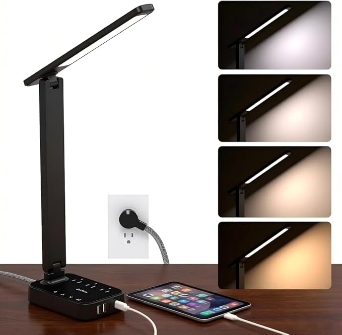 Addtam LED Desk Lamp, Power Strip with 3 Outlets 4 USB Charging Ports(2 USBC), 4 Modes 5 Level Brightness Touch Lamp, Small Desk Lamp for Home Office College Dorm Room Essentials, 10 FT