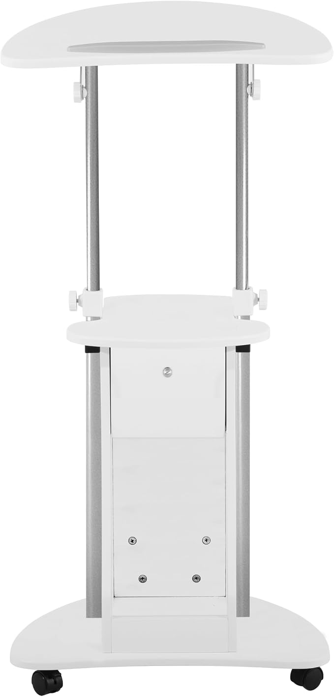 Techni Mobili Adjustable Height Rolling Laptop Cart with Storage, White | Adjustable Height Rolling Laptop Cart with Tilting Top, Storage Shelf, Locking Wheels, Sit to Stand Desk, Mobile Podium,White