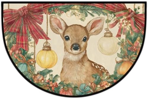 Pardick Christmas Retro Deer Half Round Door Mat, Non-Slip Welcome Indoor Entrance Way Rug Semi Circle Front Doormats Washable Bathroom Kitchen Floor Mat, Outdoor Rugs for Garage, Patio, Hearth Rug