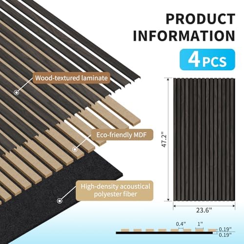 Art3d 47 x 23.6 in Acoustic Wood Slat Design Wall Panels, 4-Pack, Grey Oak