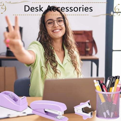 Office Supplies Set,Desk Accessories,Stapler And Tape Dispenser Set,Pen Holder,1000 Staples,Staple Remover,Hinder Clips,Ruler,Scissor,Index Tabs,Clear Tape,Ballpoint Pen,Sticky Notes,Coworkers(Purple)