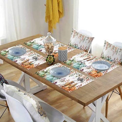 Fall Thanksgiving Placemats Set of 4, Autumn Pumpkins Eucalyptus Leaves Heat Resistant Washable Dining Table Mats Fall Holiday Farmhouse Decor for Kitchen&Linens Outdoor Indoor, Blue Sage Green Orange
