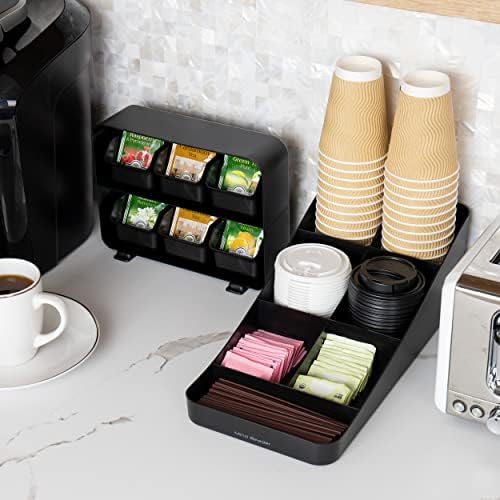 Mind Reader Tea Storage, Cup and Condiment Station, Set of 2, Countertop Organizer, Kitchen, 7.25"L x 15.5"W x 5.25"H, Black
