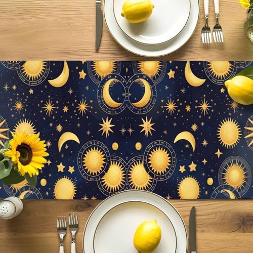 Fantasy Galaxy Table Runner Dresser Scarf 13 x 72 Inch Golden Planet Universe Sun Moon Stars Retro Table Runners Non-Slip Heat Resistant Kitchen Dining Table Decor for Home Holidays Indoor Outdoor