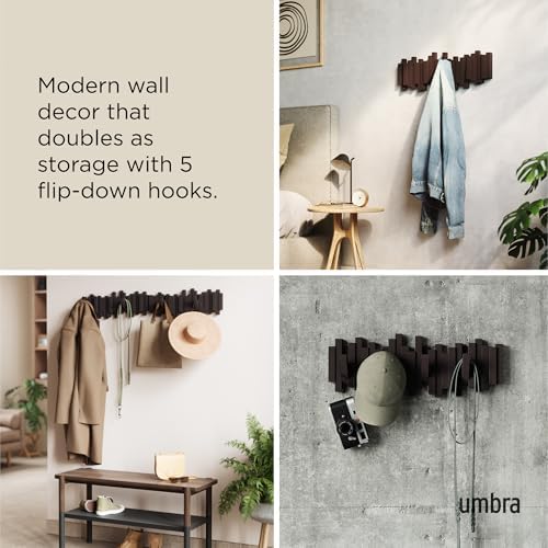 Umbra Sticks Wall Mount Coat Rack, 5 Hook Retractable Pegs, Espresso