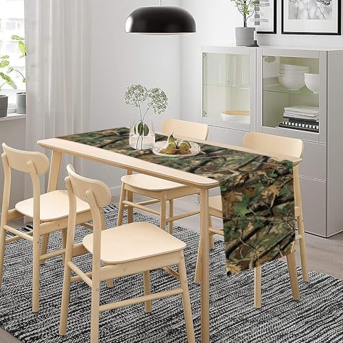 Forest Camouflage Table Runner, Camo Conifer Oak Branches Leaves Military Mossy Lodge Country Camp Cabin Theme Dinner Table Runner for Home Kitchen Dining Table Decoration 13"x90"