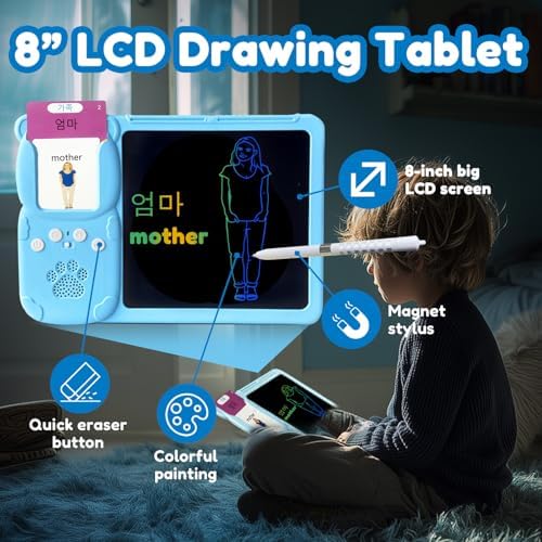 Writing Tablet with Bilingual Flash Cards for Kids, Korean, Blue
