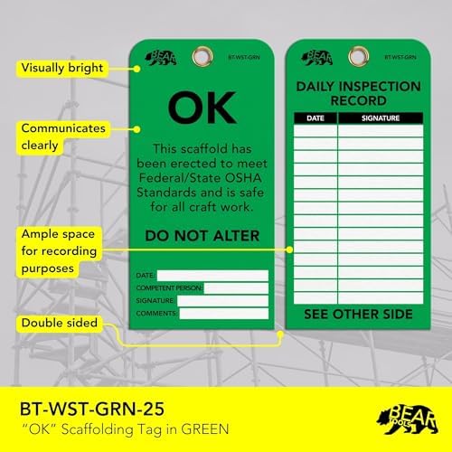 BearTOOLS Scaffold Tags - Safety Inspection Kit with Cable Ties - OK Scaffold Status Warning Sign - Laminated 3 x 6 in, Pack of 25 - Weatherproof, Tear-Resistant - Green Tags
