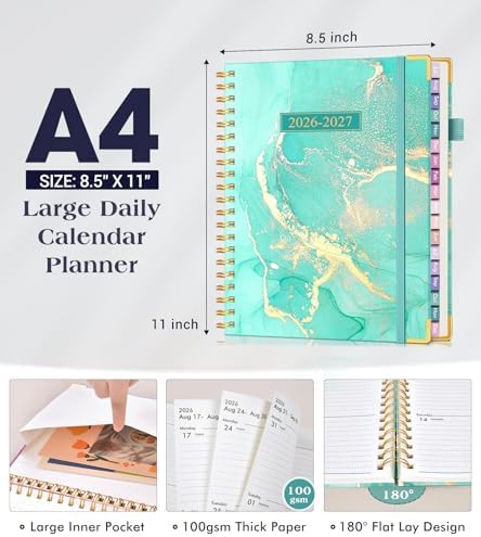 Academic Planner 2026-2027, 18 Months Weekly and Monthly Hardcover Planner, July 2026 - December 2027, 8.5" x 11" A4 Large Daily Calendar Planner Book with Tabs, Spiral College School Agenda Organizer for Student Teacher, Teal Marble