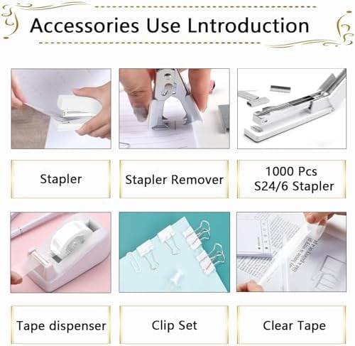 Office Supplies,Desk Accessories, Stapler and Tape Dispenser Set for Women with Stapler, Tape Dispenser, Staple Remover, Staples, Clips, Scissor and Tabs,Gift for Students, Coworkers