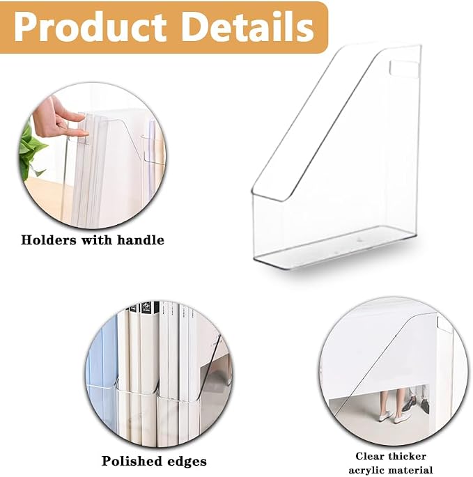 2 Pack Acrylic Magazine File Holder with Handle, Plastic Desk Organizer | Clear Acrylic Vertical File Folder Bin, Storage File Folders, Magazine Rack Document Storage Organizer for Home Office