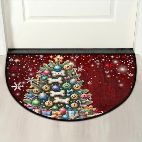 Christmas Tree Decoration Half Round Door Mat Non Slip Washable xmas Semi Circle Area Rug Absorbent Soft Holiday Half Moon Rug Floor Mat for Indoor Outdoor Kitchen Bathroom Patio Front Door Mat Decor