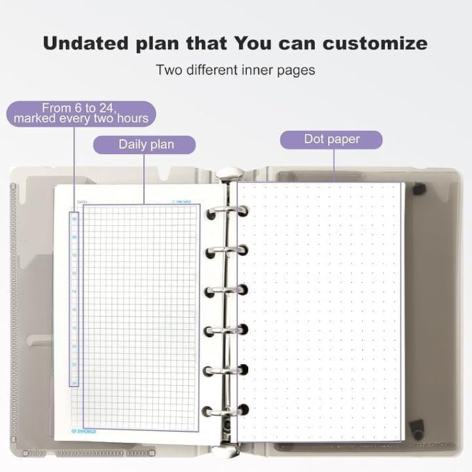 CAGIE A7 Binder 6 Ring Refillable Notebook with Dividers & Pockets | Hourly Planning Square Ruled and Dotted Pages, Refill Paper Included, 4.13 x 5.71 In (Purple, A7 Hourly & Dot Page)