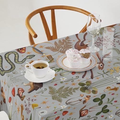 Woodland Animal Tablecloth, Grey Country Forest Hare Squirrel Owl Snake Snail Flowers Mushroom Print Table Cover for Picnic Party Holiday Home Kitchen Dining Table Decor 55x55in