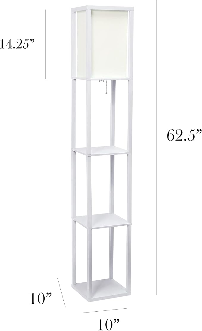 Simple Designs LF1014-WHT-LB Three Shelf Etagere Organizer Storage Floor Lamp with White Linen Shade for Living Room, Bedroom, Office, Hallway, White, with Feit LED Bulb Included