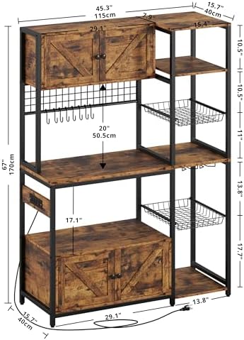 IRONCK Bakers Rack with Cabinet and Power Outlet, Coffee Bar, Vintage Brown