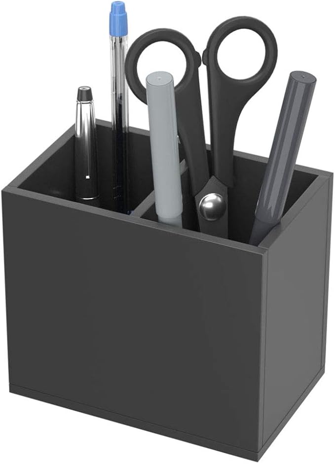 NIUBEE Black Pen Holder 2 Compartments, Acrylic Desk Pencil Organizer Cup | Scratch-resistant thick acrylic with 2 slots for pens, pencils, makeup brushes, office, vanity and school use