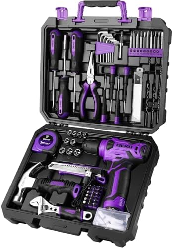 DEKOPRO Tool Set: Tool Kit with 8V Cordless Drill, Hand Toolbox with storage case, Tool set for Home Repairs 126 Piece, Purple