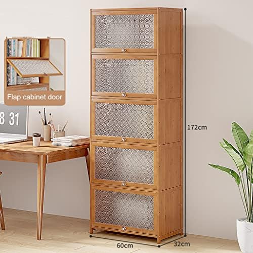 Bamboo Bookcase with flip-up Acrylic Doors, 1-5 Tier Free Standing Book Shelf Storage Organizer for Living Room Office Bedroom (Wood 60 * 32 * 172cm)