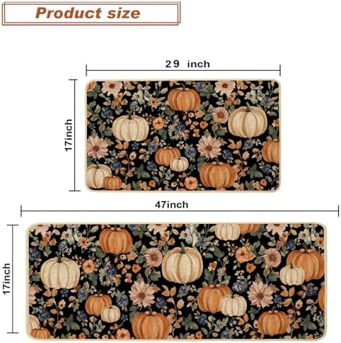 Baccessor Fall Kitchen Rugs Set of 2, Pumpkin Floral Kitchen Mats for Floor Washable Low-Profile Farmhouse Autumn Holiday Home Indoor Outdoor Decor 17x29 and 17x47 Inch
