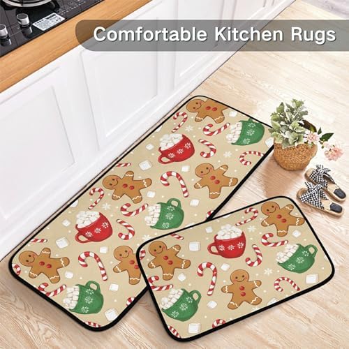 Christmas Gingerbread Man Kitchen Mat Set of 2 Winter Cane Candy Kitchen Rugs 2 Piece Floor Mats Washable Non Slip Rug for Indoor Bedroom Living Room Bathroom Home Decor