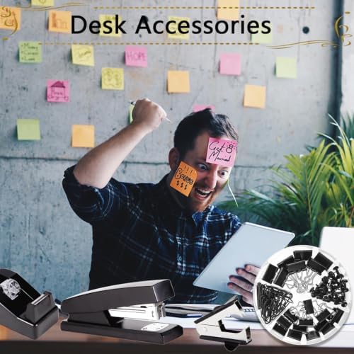 Office Supplies,Black Desk Accessories,Stapler and Tape Dispenser Set for Women with Stapler,Tape Dispenser,Staple Remover,Staples,Clips,Scissors and Tabs,Gift for Students,Coworkers,Teacher,Business
