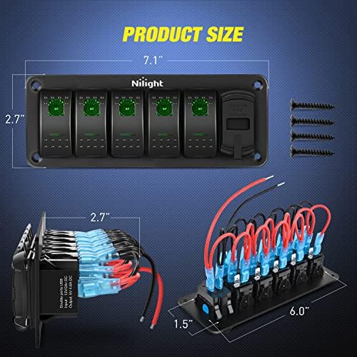 Nilight 5 Gang Rocker Switch Panel with Dual USB Socket Voltmeter