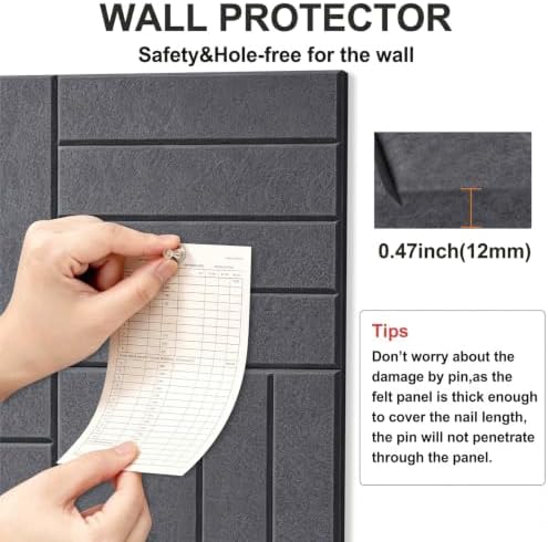 0.47" Thick Felt Wall Tiles 48"x36" Cork Board Alternative 12Pack 11.81"x11.81"Felt Bulletin Board Pin Board with Removable Adhesive tape&60 Pushpins for Home Office School(Bold-Charcoal Grey)