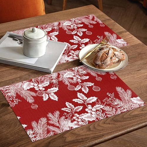Red Christmas Placemats Set of 6, Floral Pine Leaf Xmas Balls Heat Resistant Washable Table Place Mats White Winter Holidays Cotton Table Linens Party Holiday Decor for Kitchen Dining Outdoor Indoor