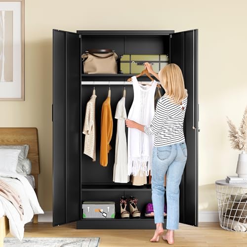 Metal Wardrobe Cabinet with Hanging Rod & Lock,Black Armoire Wardrobe Closet,Metal Clothing Storage Cabinet with Adjustable Shelves and Doors,72" Amroire Storage Cabinets for Home,Living/Laundry Room