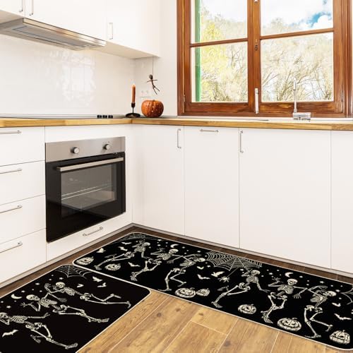 JarThenaAMCS Halloween Skeleton Kitchen Mats Spider Pumpkin Bat Welcome Floor Mat Non-Slip Black Door Rugs for Indoor Outdoor Bathroom, 17 x 29 Inch & 17 x 47 Inch