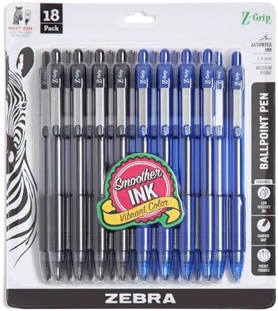 Zebra Pen Z-Grip Retractable Ballpoint Pen, Black/Blue, 1.0mm, 18-Pack