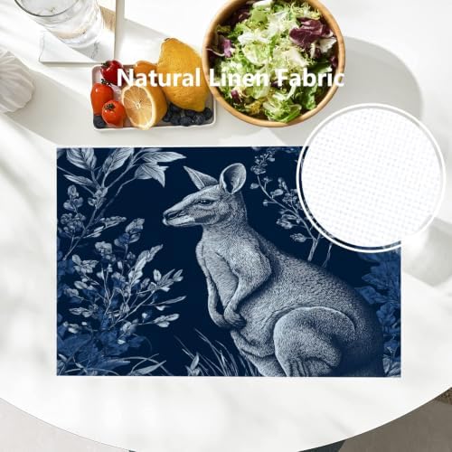 Batmerry Cute Kangaroo Placemats, Navy Blue with Plants Washable Linen Table Mats for Kitchen Table Double Insulation Decor Dining Set Indoor Outdoor 12X18 in Set of 6