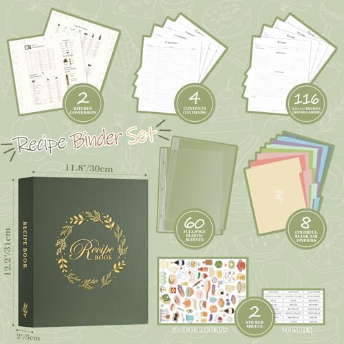Lanpn Recipe Binder 8.5x11 3 Ring Kit, Waterproof Organizer Binder to Write in Your Own Recipes, Blank Recipe Book with 60 Plastic Sleeves,116 Recipes, Dividers, Labels & Stickers, Green