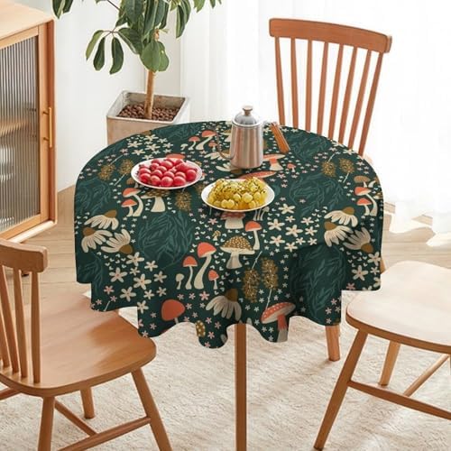Mushroom Table Cloth, Vintage Woodland Summer Flowers Plants Forest Botanical Leaves Table Cover for Farmhouse Kitchen Dining Room Table Decor, 60x60in