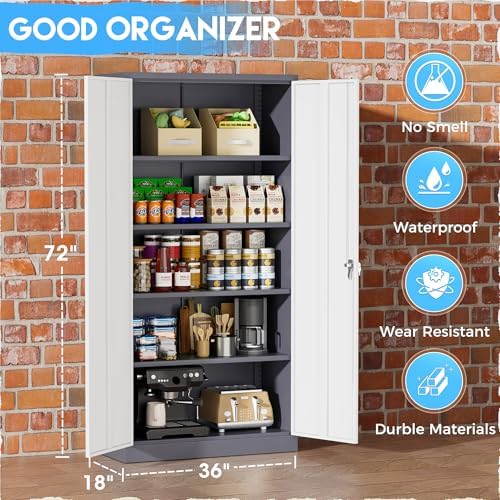 Greenvelly Metal Garage Storage Cabinet, Locking Steel Cabinet with 2 Doors and 4 Adjustable Shelves, Metal Tool Cabinets, Lockable File Cabinet for Home Office, Garage, School (Gray White)